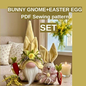May include: A set of handmade Easter decorations, including a bunny gnome and an Easter egg. The bunny gnome is 13.7 inches tall, and the Easter egg is 7.8 inches tall. The image includes text that reads "BUNNY GNOME+EASTER EGG PDF Sewing pattern SET."