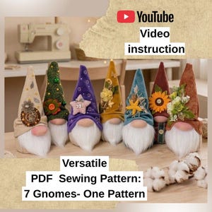 Può includere: Sette gnomi decorativi con cappelli alti e appuntiti di vari colori e texture, inclusi ornamenti floreali, stelle e stelle marine. Ogni gnomo presenta un naso rotondo e una lunga barba bianca. Testo: YouTube Video instruction.