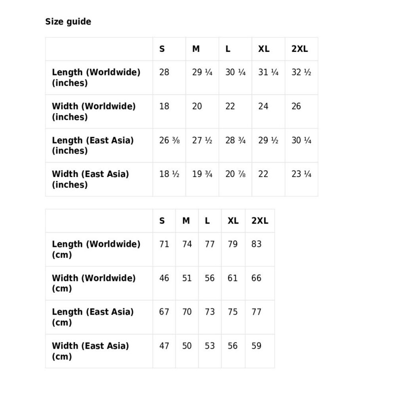 May include: Size guide for clothing in inches and centimeters. The table shows measurements for different sizes, including S, M, L, XL, and 2XL. Measurements are provided for both worldwide and East Asia sizing.
