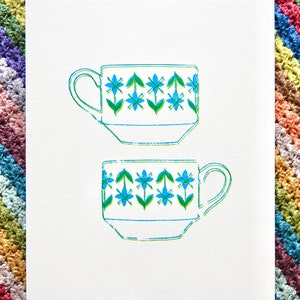 Midwinter - A4 Linoldruck von 60er Jahre Tassen in blau und grün