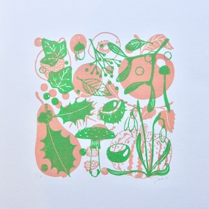 Winter plants & fruits lino print in pink and green