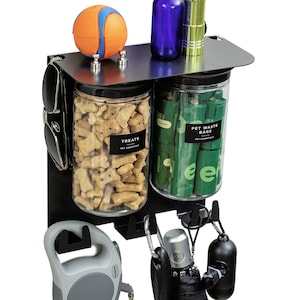 Dog Leash Holder for Wall Organizer, Two 32 oz Airtight Wall Mount Dog Treat Jars, Puppy Essentials, Collar Hook, Practical Dog Walkers Gift