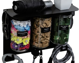 Dog Leash & Treat Organizer: Wall Mount Puppy Essentials with Airtight Jars