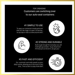 May include: Black and white graphic illustration of three reasons why customers are switching to auto-seal containers. The reasons are simple to use, strong and durable, and fast and efficient. Each reason is illustrated with a simple icon.