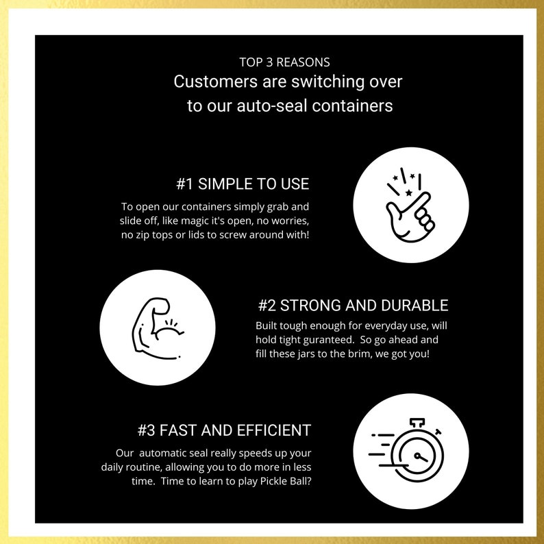 May include: Black and white graphic illustration of three reasons why customers are switching to auto-seal containers. The reasons are simple to use, strong and durable, and fast and efficient. Each reason is illustrated with a simple icon.