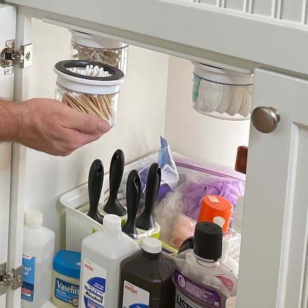 Organiseur de salle de bain sous l'évier ou sur une étagère, design optimisant l'espace, pour une salle de bain zéro déchet, idéal pour les fils dentaires, les cotons-tiges et les cotons-tiges