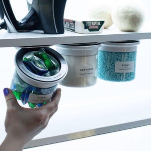 Modern Laundry Pods Container Reimagined, Slide-to-Seal Laundry Jars, Smell Proof, Laundry Room Designer Storage, Adhesive Under-Shelf Mount