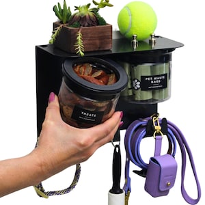 Custom Dog Leash Holder with Treat Jars: Wall Organizer, Steel, USA Made, Personalized Dog Gift