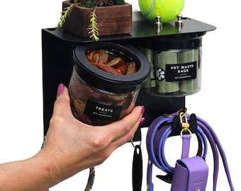 Custom Dog Leash Holder with Treat Jars: Wall Organizer, Steel, USA Made, Personalized Dog Gift