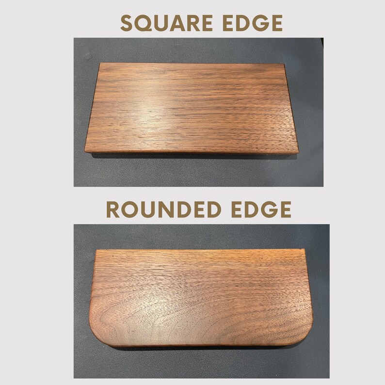 Puede incluir: Dos tablas rectangulares de madera con vetas visibles. La tabla superior est&aacute; etiquetada como SQUARE EDGE y tiene esquinas rectas y afiladas. La tabla inferior est&aacute; etiquetada como ROUNDED EDGE y tiene esquinas redondeadas en un lado.