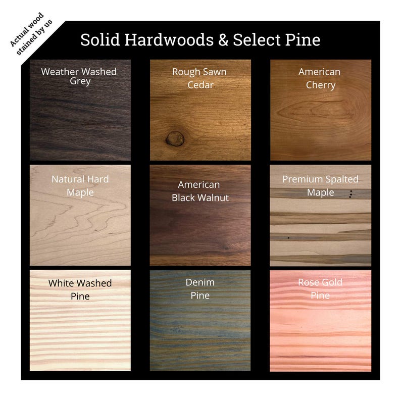 Puede incluir: Una cuadr&iacute;cula de nueve muestras de madera titulada Solid Hardwoods & Select Pine, que incluye Weather Washed Grey, Rough Sawn Cedar, American Cherry, Natural Hard Maple, American Black Walnut, Premium Spalted Maple, White Washed Pine, Denim Pine y Rose Gold Pine.