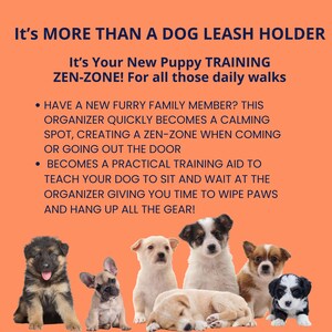 Puede incluir: Un gr&aacute;fico informativo naranja con texto azul oscuro que dice: It's MORE THAN A DOG LEASH HOLDER. It's Your New Puppy TRAINING ZEN-ZONE! For all those daily walks. Debajo del texto hay siete cachorros de diversas razas y colores.
