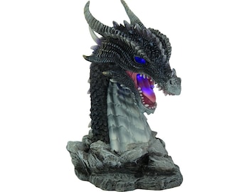 Obsidian Dragon Bust Statue with LED Lights, Dragon Head Bust