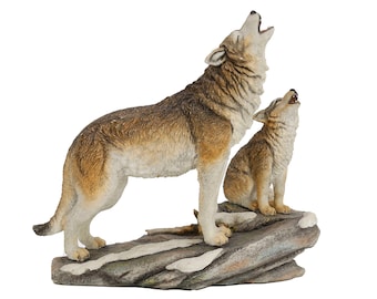 Howling Wolf and Cub Statue: Hand-Painted Resin Wolf Decor