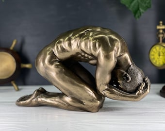 Naked Regretful Male Figurine, Body Art Deco Statue