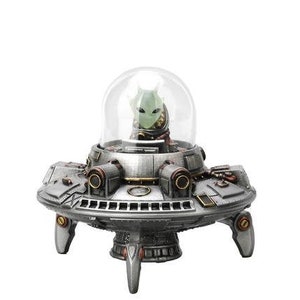 Steampunk Alien in Spaceship Figurine, Neon Alien Figurine Statue, Alien Decor, Shelf Accessory, Gift