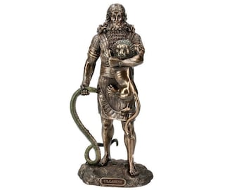 May include: Bronze statue of Gilgamesh, a legendary king of Uruk, holding a lion cub in his arms. He is wearing a loincloth and a crown. A snake is coiled around his left leg. The base of the statue is inscribed with the name "Gilgamesh".