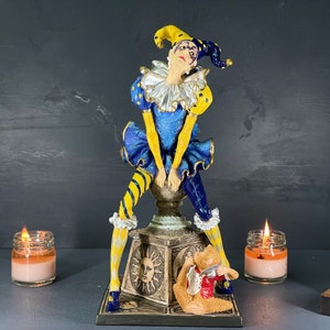 Female Court Jester with a Monkey Figurine Statue, Clown Sculpture, Jester Decor