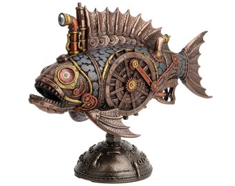 May include: A steampunk-style fish sculpture made of metal with intricate gears and cogs. The fish is painted in shades of bronze, copper, and gold, and has a detailed, mechanical design. It is mounted on a circular base.
