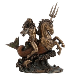 May include: A bronze statue of Poseidon, the Greek god of the sea, riding a seahorse. He holds his trident in his right hand and is surrounded by waves. The statue is on a base with the word "POSEIDON" inscribed on it.