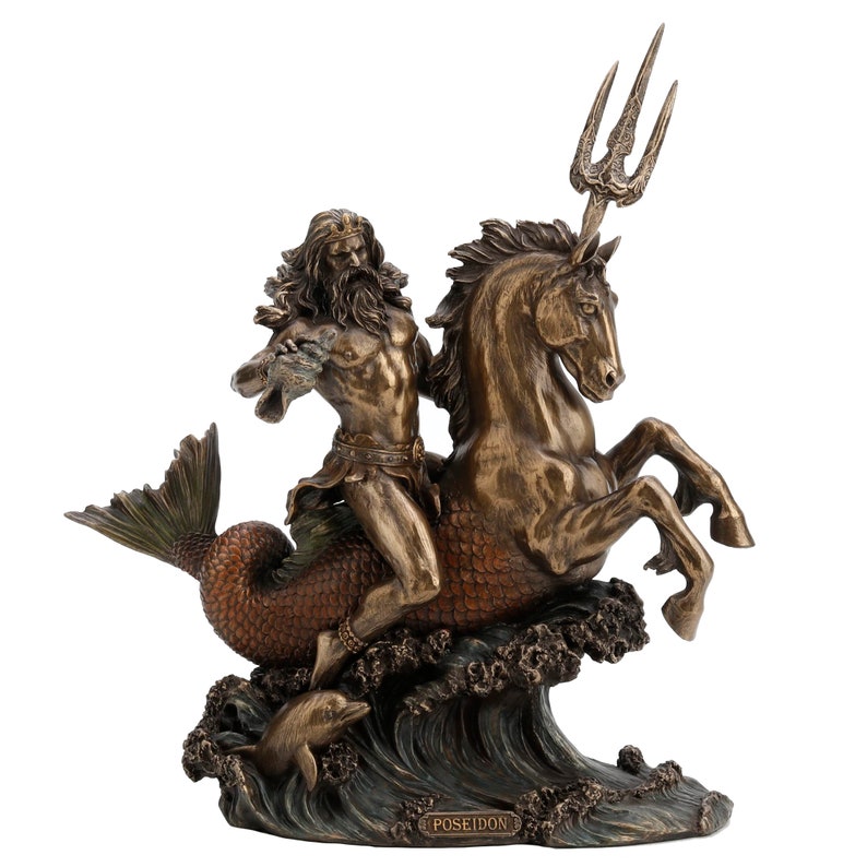May include: A bronze statue of Poseidon, the Greek god of the sea, riding a seahorse. He holds his trident in his right hand and is surrounded by waves. The statue is on a base with the word "POSEIDON" inscribed on it.