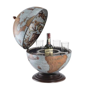 Wooden Desk Globe Bar for Drinks and Alcohols, Desk Bar in shape of Terrestrial Globe, Home or Office Furniture