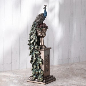 Art Nouveau Peacock Perching On Column Vase Statue, Peacock Figurine