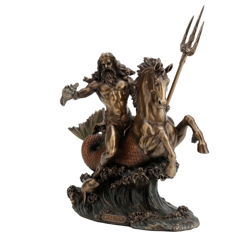 May include: A bronze sculpture of Poseidon, the Greek god of the sea, riding a seahorse. He holds a trident in his right hand and a conch shell in his left. The sculpture is set on a base with waves and a dolphin.