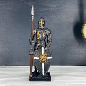 Medieval Knight Cross Shield and Spear Statue, Miniature Knight