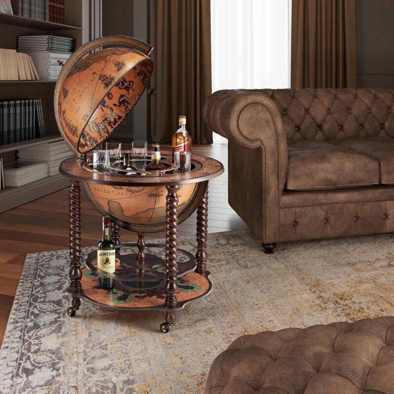 Wooden Bar Globe Liquor Cabinet: 16th Century Map, Home Bar