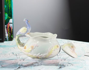 Art Nouveau Porcelain Peacock Standing Trinket Box