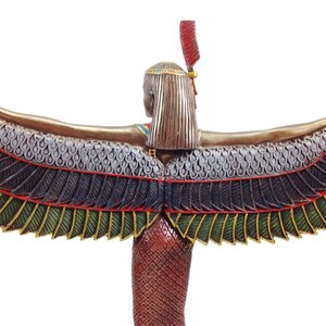 May include: A bronze statue of the Egyptian goddess Isis with outstretched wings. The wings are detailed with green, gold, and blue feathers. The goddess is wearing a red and gold dress and a headdress with a red feather.