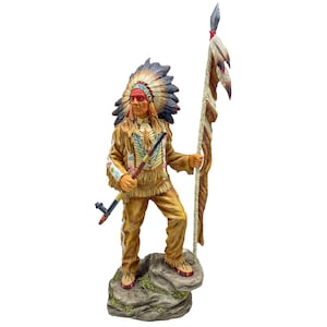 36 Inch Indian Chief Holding Feathered Spear And Peace Pipe Statue
