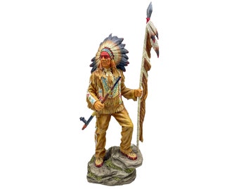 36 Inch Indian Chief Holding Feathered Spear And Peace Pipe Statue