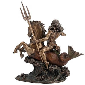 May include: Bronze sculpture of Poseidon, the Greek god of the sea, riding a seahorse. He holds a trident in his right hand and is depicted with a flowing beard and hair. The sculpture is set on a base with waves and sea creatures.