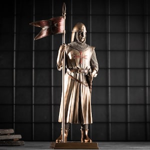 12 Inch Templar Knight Crusader Holding English Flag Statue