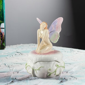 Guardian Fairy Kneeling With Wings Ceramic Trinket Box