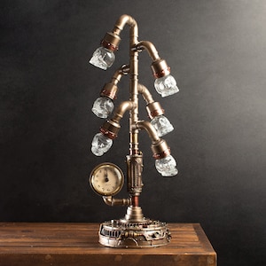 Steampunk Crystal Skull Six Branch Light and Clock Stand, Industrial decor
