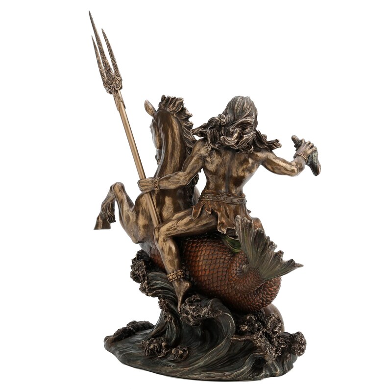 May include: Bronze sculpture of Poseidon, the Greek god of the sea, riding a seahorse. He holds a trident in his right hand and a conch shell in his left. The sculpture is set on a base with waves.