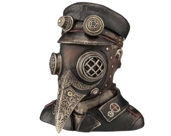 Busto de médico de la peste steampunk con caja de baratijas