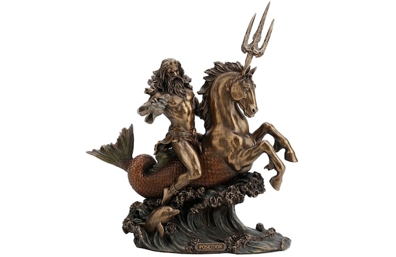 Poseidon Riding Hippocampus with Trident Statue, Decorative Greek Art Mythology Poseidon God Sculpture