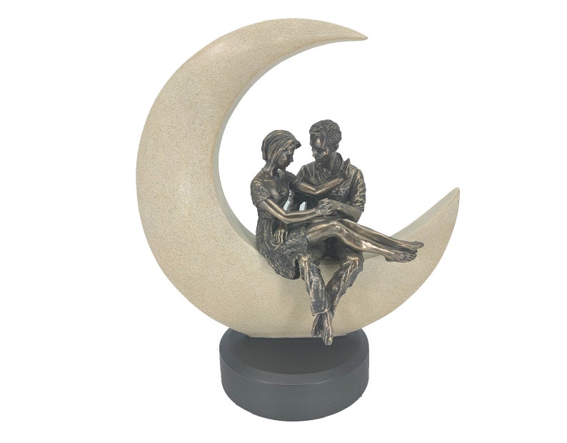 Couple in Love Sitting on The Moon Statue Gift for Her Home Decor Shelf Accessory