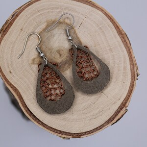 Gray Genuine (Scrap) Leather and Crochet Burnt Copper Wire Teardrop with Cut Out Earrings