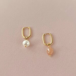 Natural Stone Rectangle Huggies - Pearl / Agate / Sunstone / Morganite / Rose Quartz Earrings - Long-lasting 18k Gold plated Hoop Earrings