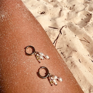 Freshwater Pearl Long-lasting Gold Thick Hoop Earrings - Handmade Huggie Earrings - Minimalistic & Unique Jewelry