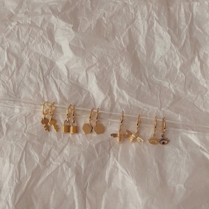 18k Gold Huggies - Bee, Hexagon, Key, Locker, Evil Eye - Handmade Earrings - Minimalistic & Unique Jewelry - Mother&#39;s Day/Girlfriend Gift