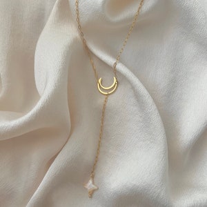 BESTSELLER - Dainty Moon and Star Lanyard Necklace - 24k Gold Moon Pendant & Stainless Steel Necklace with Mother of Pearl Pendant
