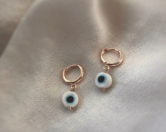 Evil Eye Huggie Earrings  - Rose Gold Huggies - Handmade Polymer Clay Beads - Minimalistic and Unique Jewelry