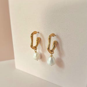 Waterproof Gold Freshwater Pearl Dangle Earrings - Pearl Hoop Earrings - Gold plated Stainless Steel Earrings