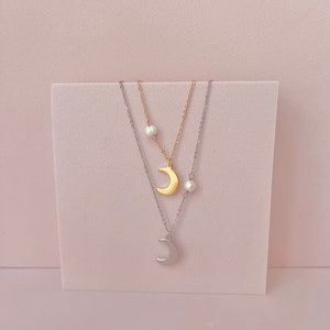 Dainty Freshwater Pearl Halfmoon Pendant Necklace - Stainless Steel